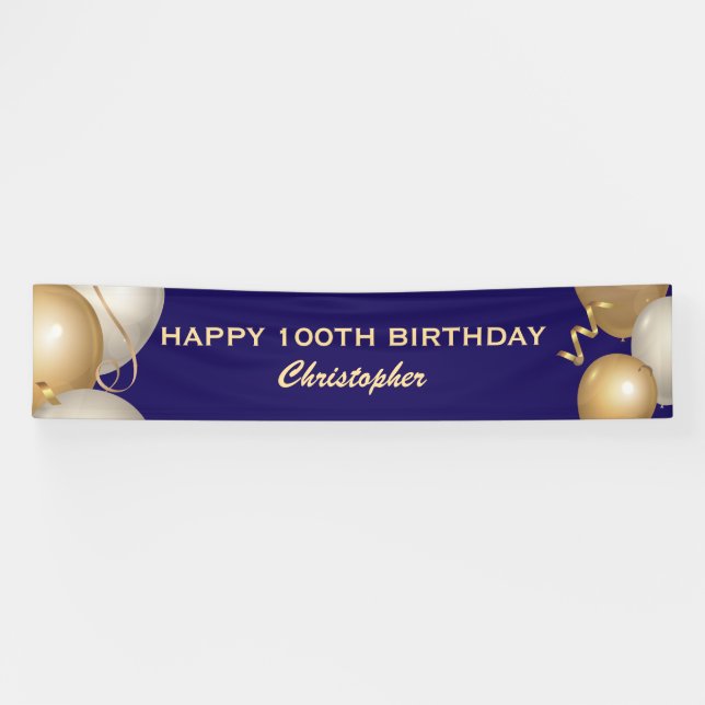 100th Birthday Party Navy Blue and Gold Balloons Banner (Horizontal)