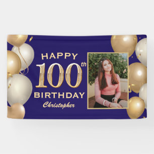100th Birthday Party Navy Blue and Gold Balloons Banner