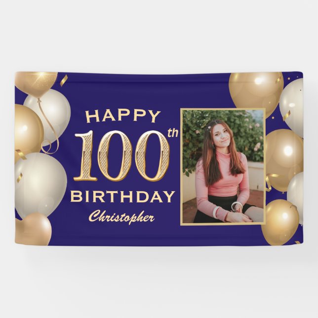 100th Birthday Party Navy Blue and Gold Balloons Banner (Horizontal)
