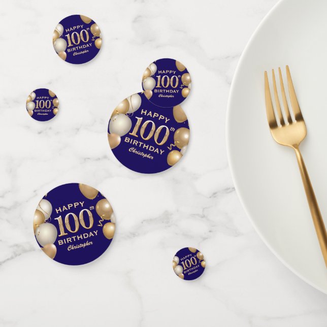 100th Birthday Party Navy Blue and Gold Balloons Confetti (Group)
