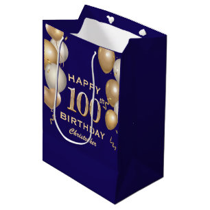 100th Birthday Party Navy Blue and Gold Balloons Medium Gift Bag