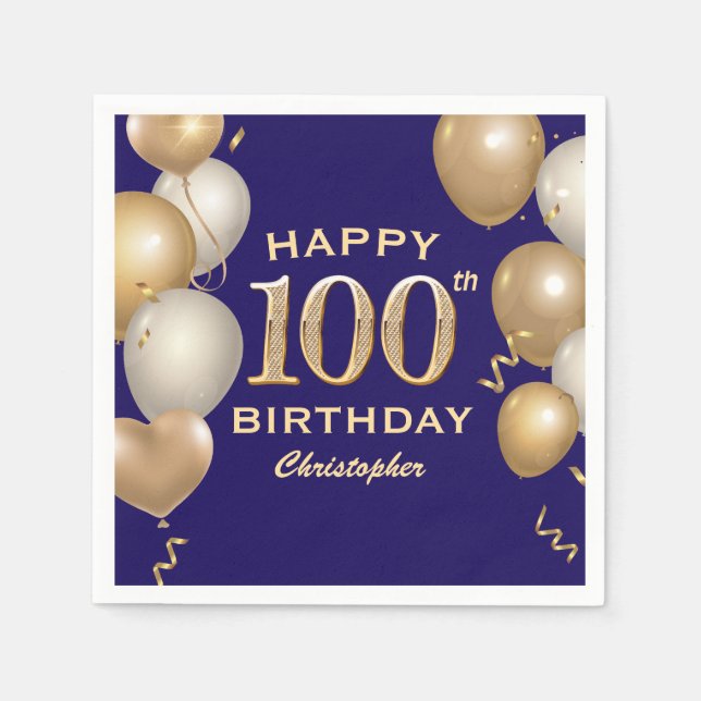 100th Birthday Party Navy Blue and Gold Balloons Napkin (Front)