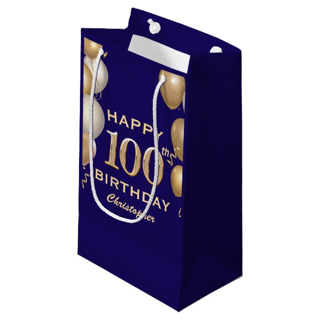 100th Birthday Party Navy Blue and Gold Balloons Small Gift Bag (Front Angled)