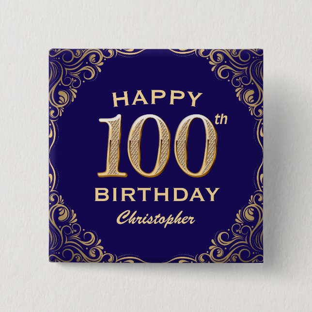 100th Birthday Party Navy Blue and Gold Glitter 15 Cm Square Badge (Front)