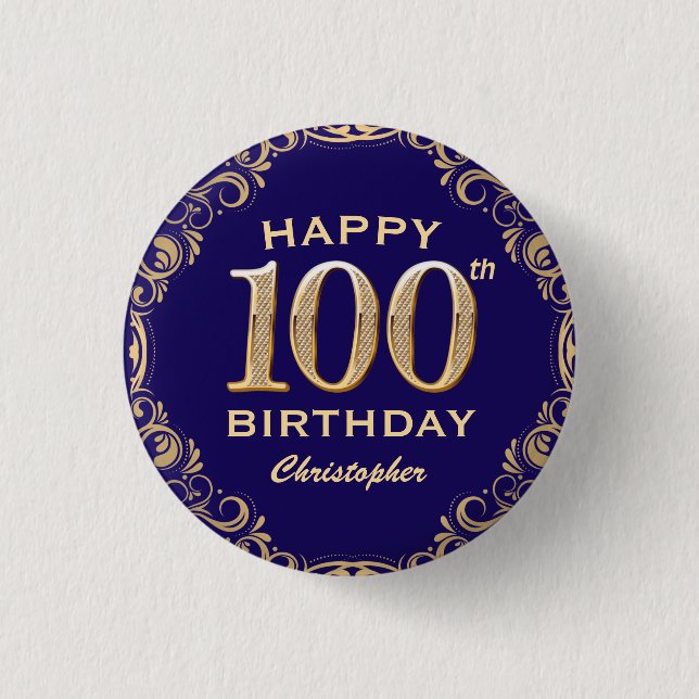 100th Birthday Party Navy Blue and Gold Glitter 3 Cm Round Badge (Front)