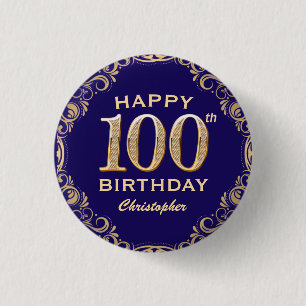 100th Birthday Party Navy Blue and Gold Glitter 3 Cm Round Badge
