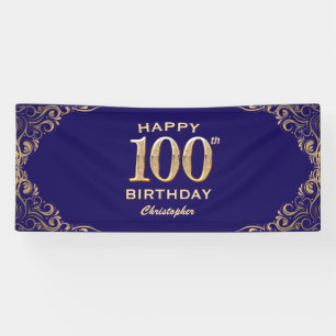 100th Birthday Party Navy Blue and Gold Glitter Banner