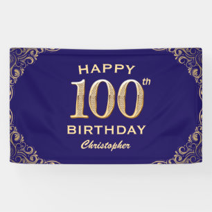 100th Birthday Party Navy Blue and Gold Glitter Banner