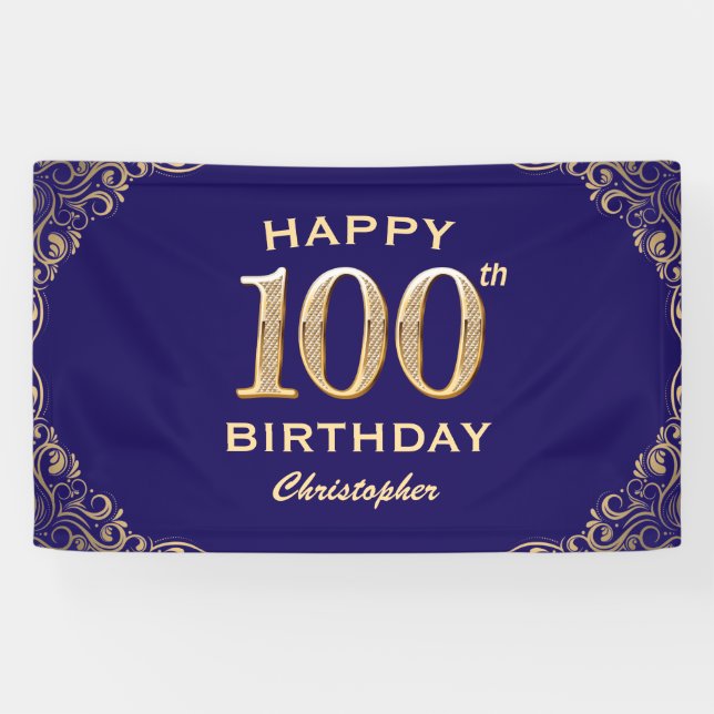 100th Birthday Party Navy Blue and Gold Glitter Banner (Horizontal)