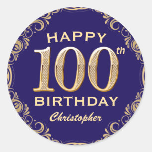 100th Birthday Party Navy Blue and Gold Glitter Classic Round Sticker