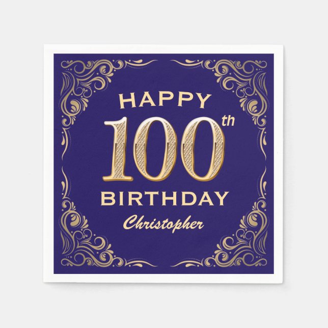 100th Birthday Party Navy Blue and Gold Glitter Napkin (Front)
