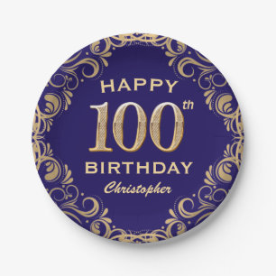 100th Birthday Party Navy Blue and Gold Glitter Paper Plate