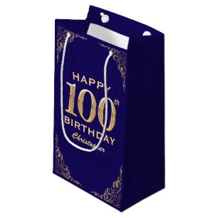 100th Birthday Party Navy Blue and Gold Glitter Small Gift Bag