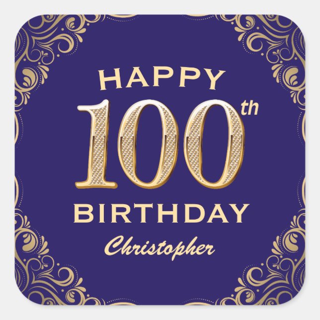 100th Birthday Party Navy Blue and Gold Glitter Square Sticker (Front)