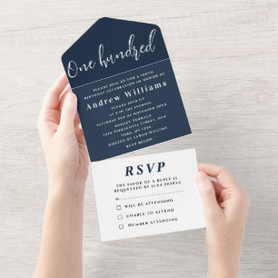 100th Birthday Party Navy Blue Elegant Modern All In One Invitation