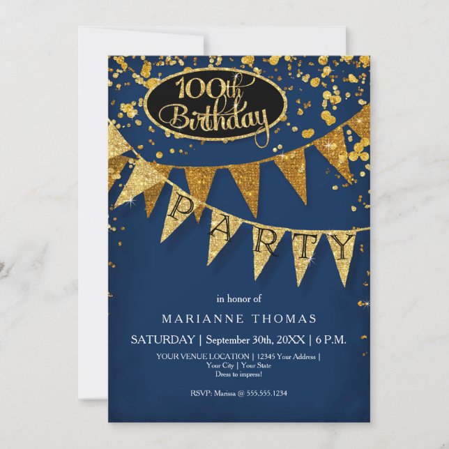 100th Birthday Party Pennant Banner Confetti Invitation (Front)