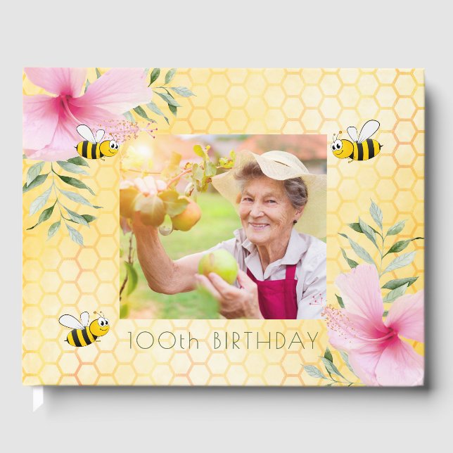 100th birthday party photo bees honeycomb pink guest book (Front)