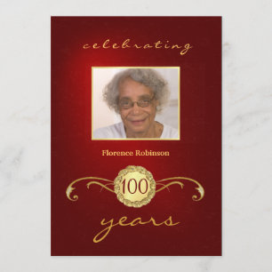 100th Birthday Party Photo Invitations - Red