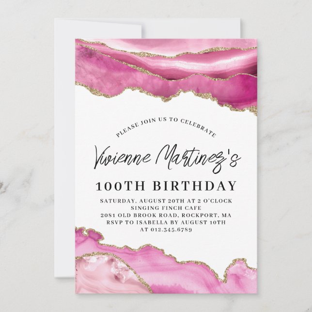 100th Birthday Party Pink Agate Marble Invitation (Front)