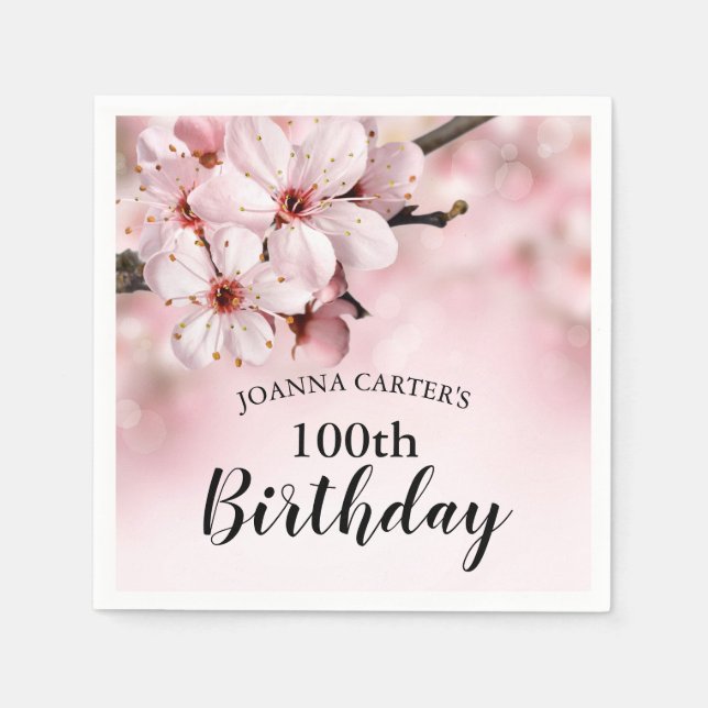 100th Birthday Party | Pink Blossom Flowers Napkin (Front)