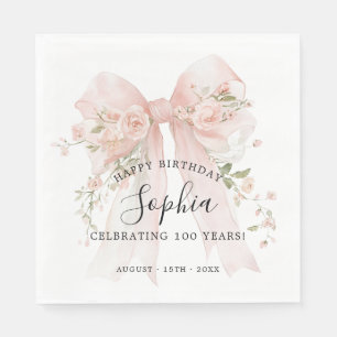 100th Birthday Party Pink Bow with Roses Luncheon Napkin