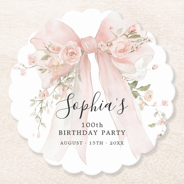 100th Birthday Party Pink Bow with Roses Paper Coaster (Front)