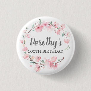 100th Birthday Party Pink Cherry Blossom Floral 3 Cm Round Badge