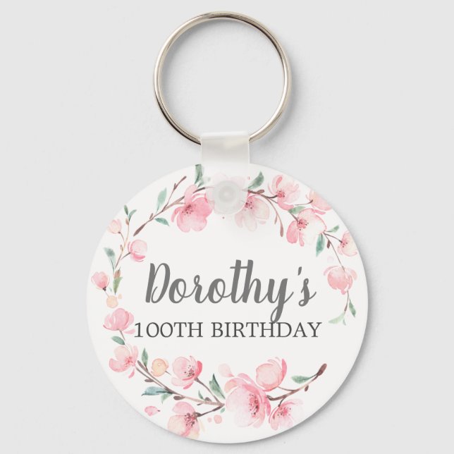 100th Birthday Party Pink Cherry Blossom Floral Key Ring (Front)