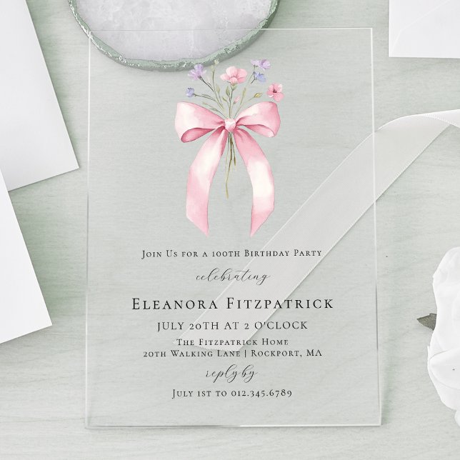 100th Birthday Party Pink Coquette Bow Wildflower Acrylic Invitations (Creator Uploaded)