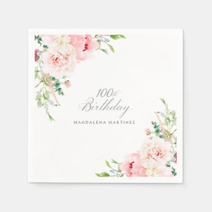 100th Birthday Party Pink Floral Custom Cocktail Napkin
