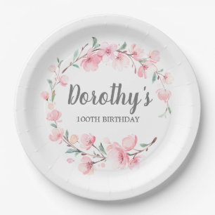 100th Birthday Party Pink Floral Paper Plate