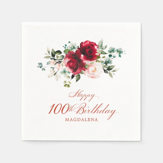 100th Birthday Party Pink Red Floral Custom Napkin (Front)