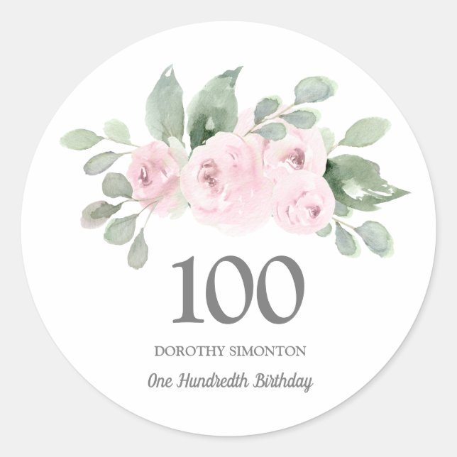 100th Birthday Party Pink Rose Eucalyptus Classic Round Sticker (Front)