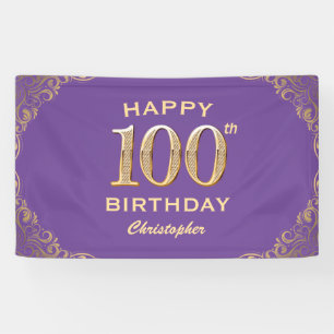 100th Birthday Party Purple and Gold Glitter Frame Banner