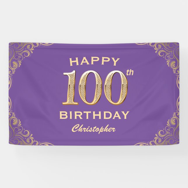 100th Birthday Party Purple and Gold Glitter Frame Banner (Horizontal)