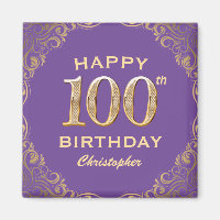 100th Birthday Party Purple and Gold Glitter Frame