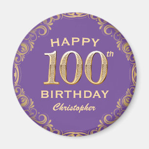 100th Birthday Party Purple and Gold Glitter Frame Magnet