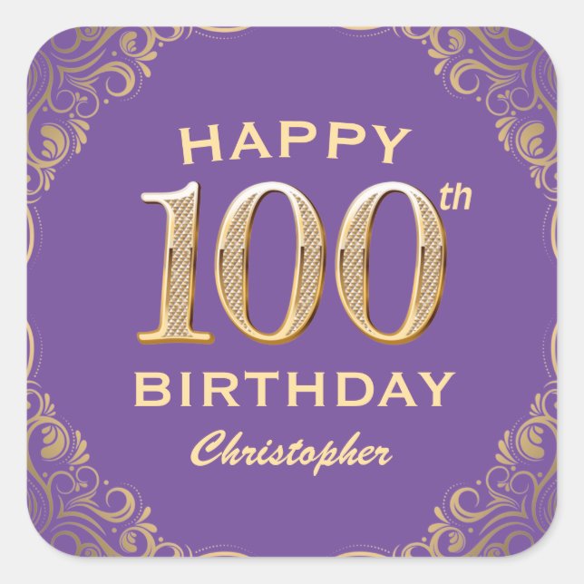 100th Birthday Party Purple and Gold Glitter Frame Square Sticker (Front)