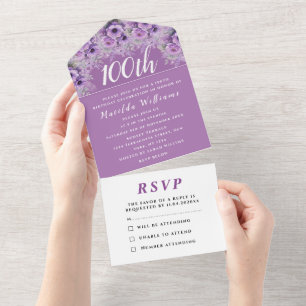 100th Birthday Party Purple Elegant Floral All In One Invitation