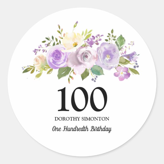 100th Birthday Party Purple Rose Floral Classic Round Sticker (Front)