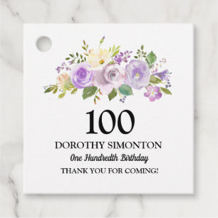 100th Birthday Party Purple Rose Floral Favour Tags