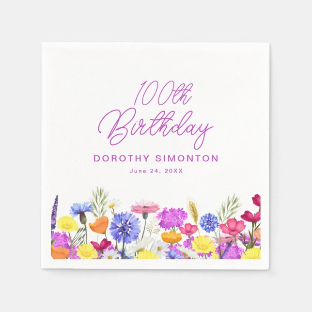 100th Birthday Party Purple Wildflower Custom Napkin (Front)