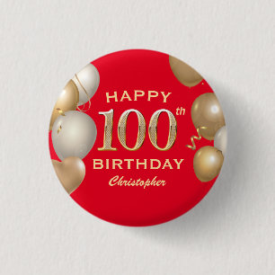 100th Birthday Party Red and Gold Balloons 3 Cm Round Badge