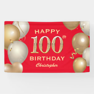 100th Birthday Party Red and Gold Balloons Banner