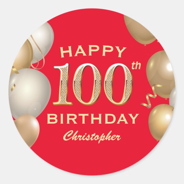 100th Birthday Party Red and Gold Balloons Classic Round Sticker (Front)