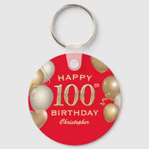 100th Birthday Party Red and Gold Balloons Key Ring