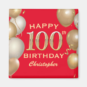 100th Birthday Party Red and Gold Balloons Magnet