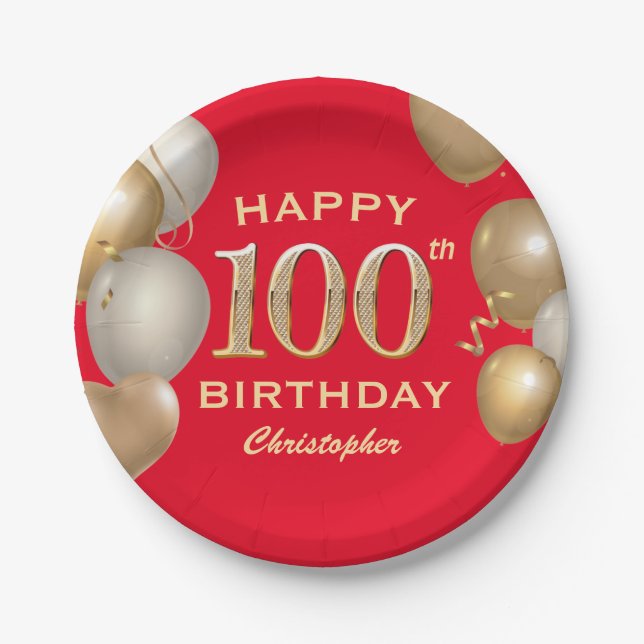 100th Birthday Party Red and Gold Balloons Paper Plate (Front)