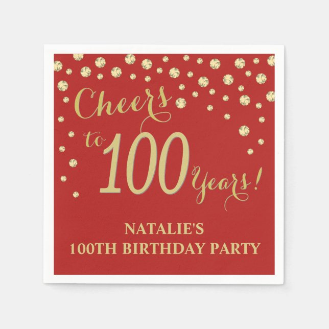 100th Birthday Party Red and Gold Diamond Napkins (Front)