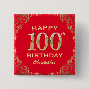 100th Birthday Party Red and Gold Glitter Frame 15 Cm Square Badge